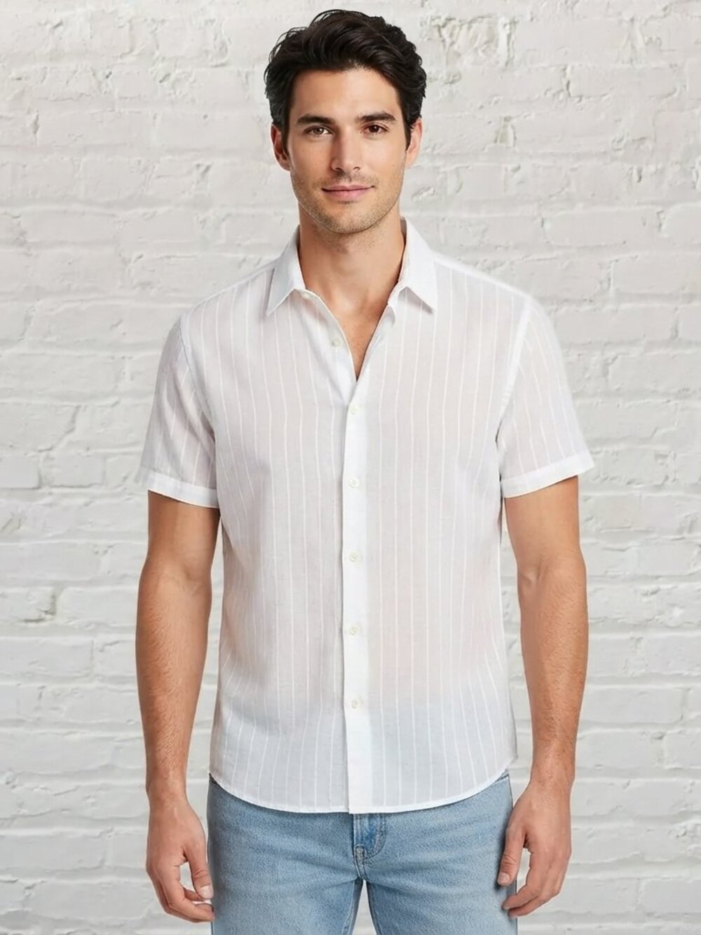 Perry Ellis Men's White Linen Blend Herringbone Stripe Short-Sleeve Shirt L